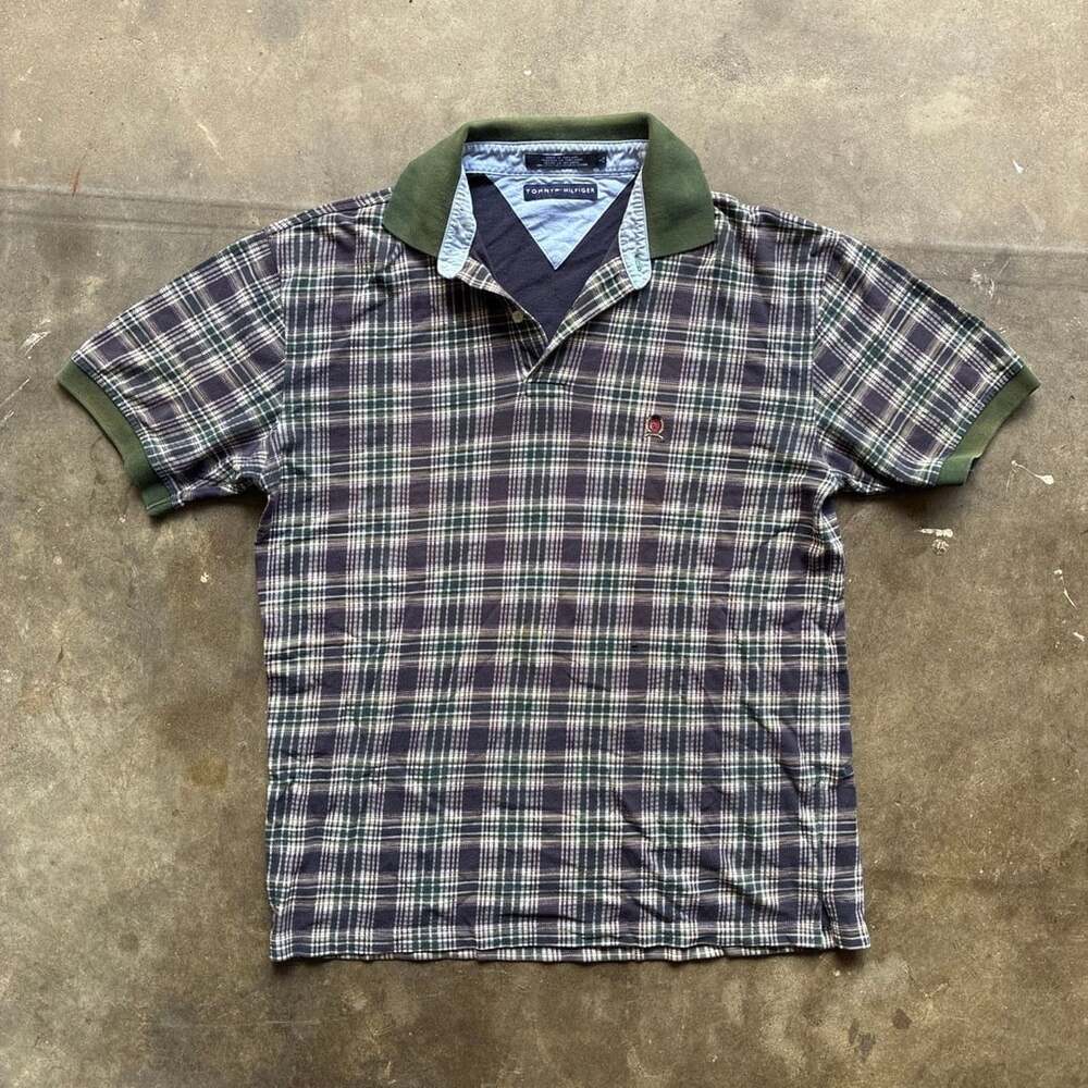Tommy Hilfiger Plaid Polo Shirt Size L Green Plaid Short Sleeve